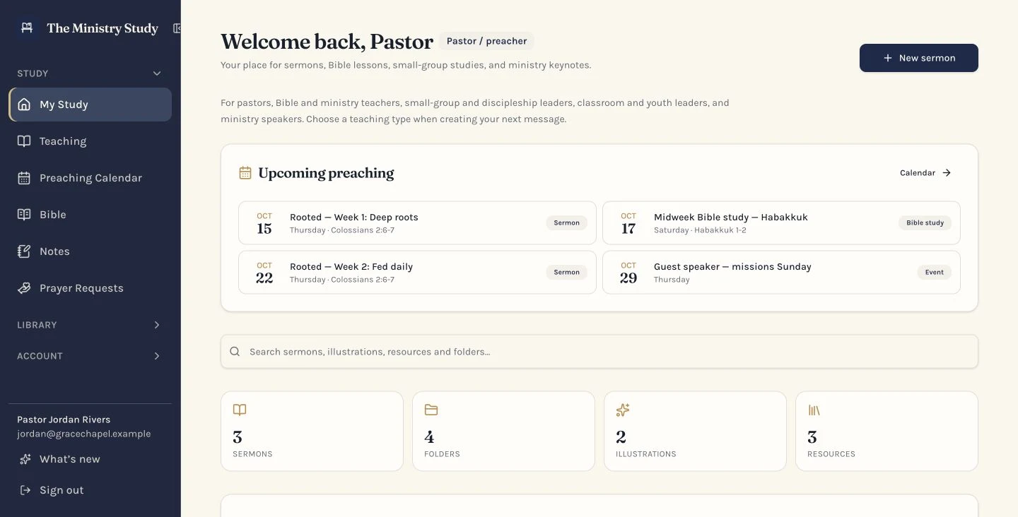 The Ministry Study dashboard with fictional sermons, ministry navigation, and message library