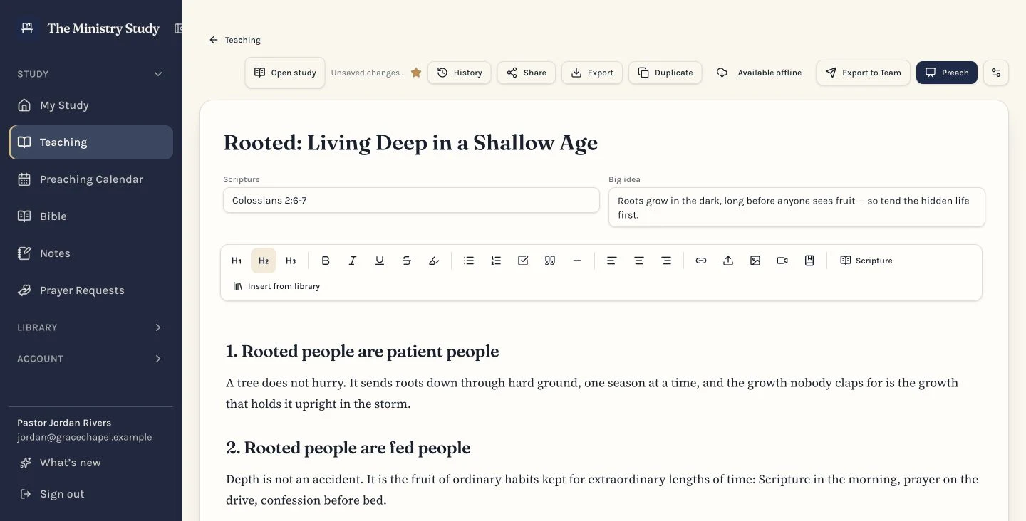 Actual sermon editor with a fictional Rooted message, Scripture, Big Idea, and manuscript formatting controls
