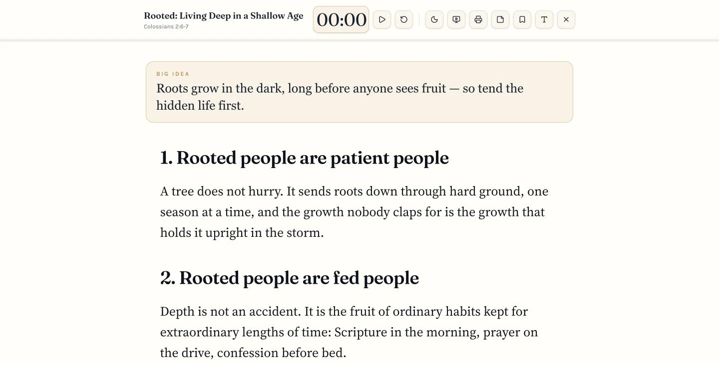 Actual Preach Mode with a fictional manuscript, timer, and reading controls